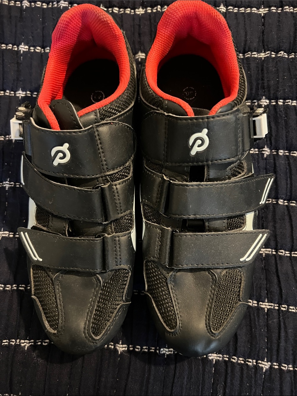 Peloton Black Cycling Shoes with Red Lining and Triple Straps